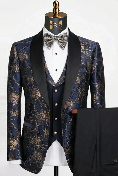 Sapphire Symphony - Navy & Gold Jacquard 3-Piece Tuxedo