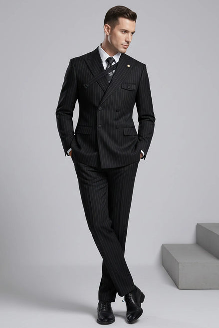 Obsidian Sentinel - Midnight Black Pinstripe 2-Piece Suit - Nevo Suits