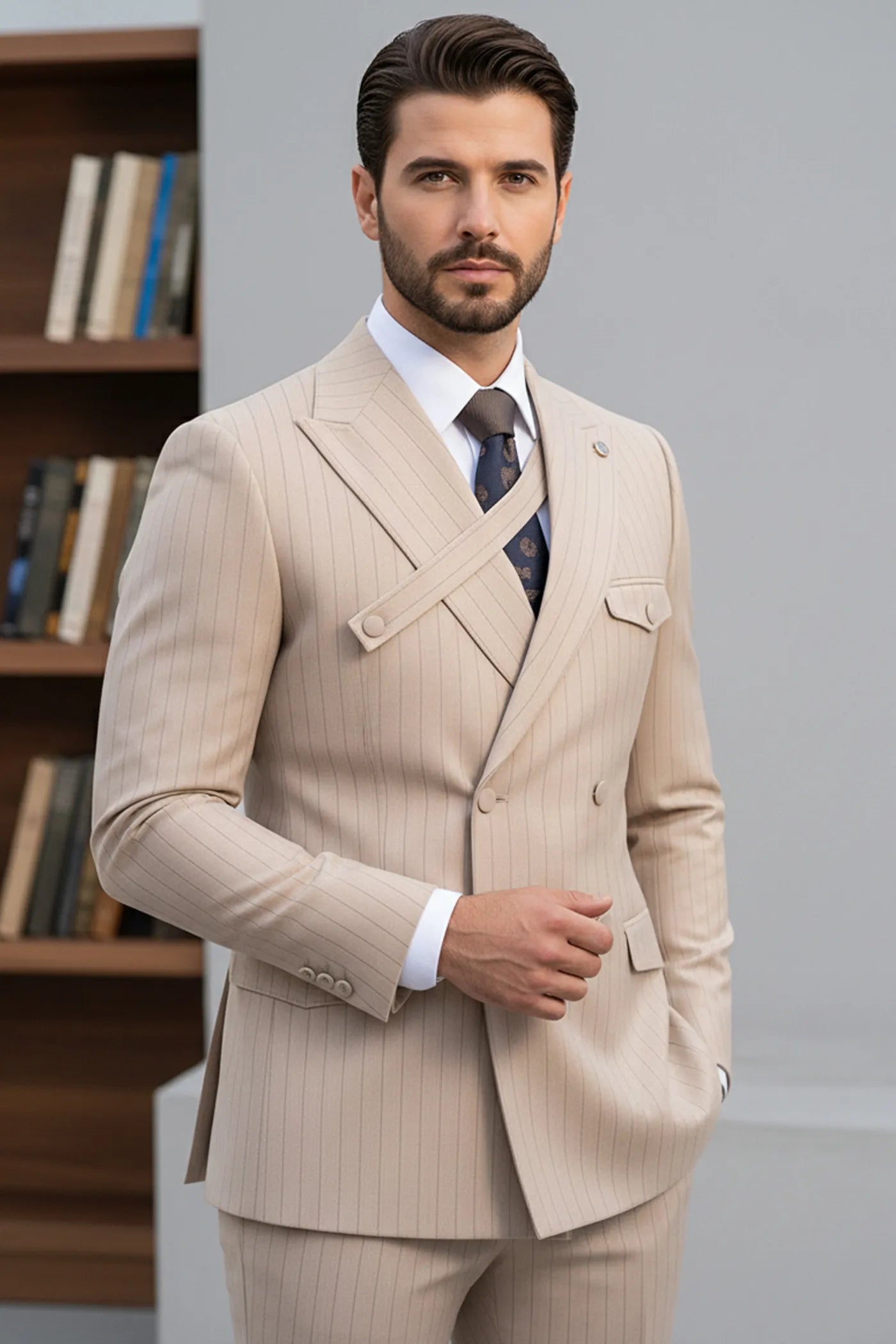 Alabaster Sentinel - Beige Pinstripe 2-Piece Suit - Nevo Suits