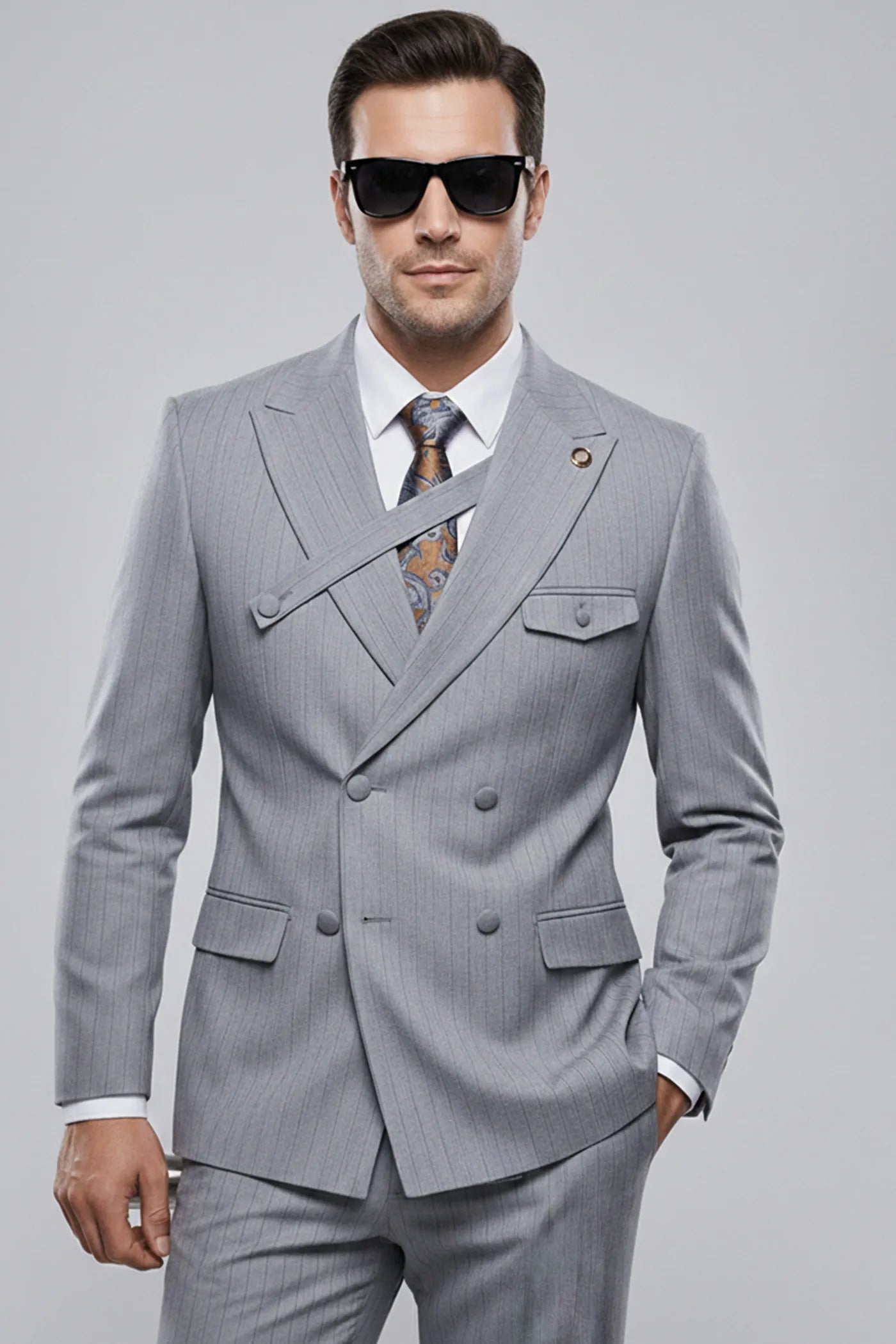 Iron Sentinel - Grey Pinstripe Cross-Strap 2-Piece Suit - Nevo Suits