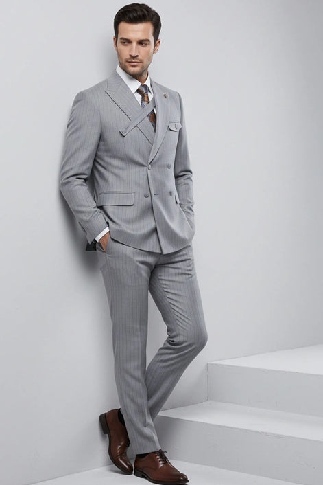 Iron Sentinel - Grey Pinstripe Cross-Strap 2-Piece Suit - Nevo Suits