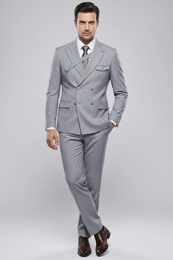 Iron Sentinel - Grey Pinstripe Cross-Strap 2-Piece Suit - Nevo Suits