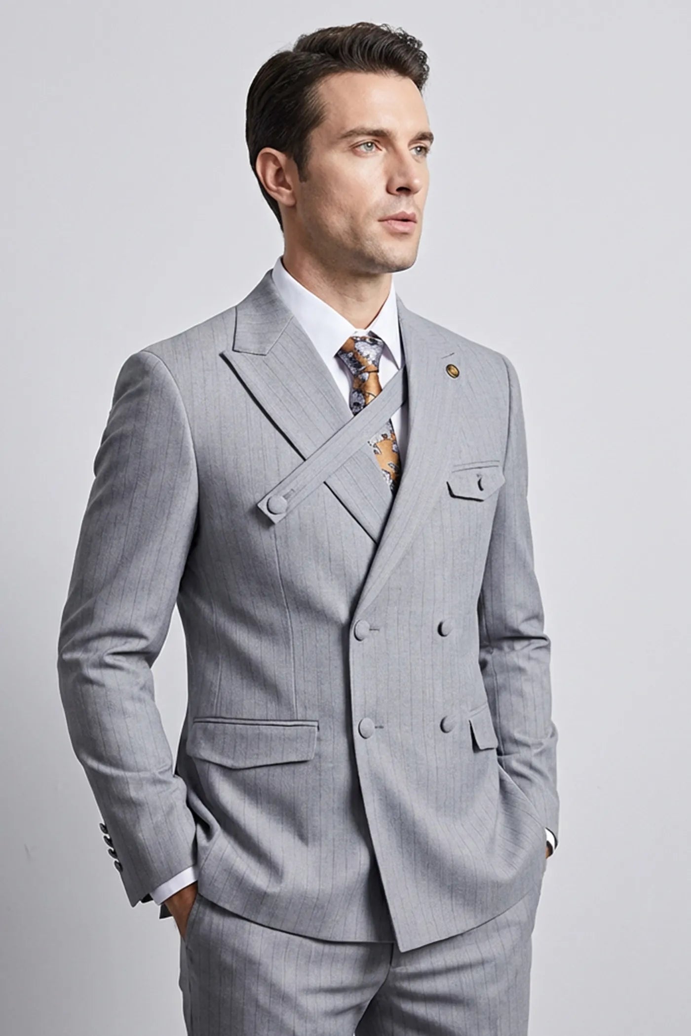 Iron Sentinel - Grey Pinstripe Cross-Strap 2-Piece Suit - Nevo Suits