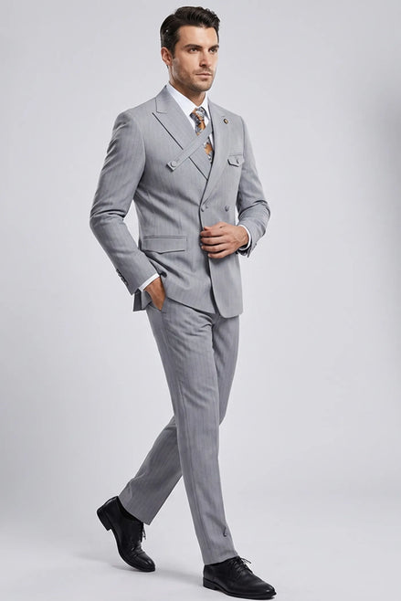 Iron Sentinel - Grey Pinstripe Cross-Strap 2-Piece Suit - Nevo Suits