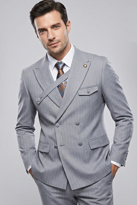 Iron Sentinel - Grey Pinstripe Cross-Strap 2-Piece Suit - Nevo Suits