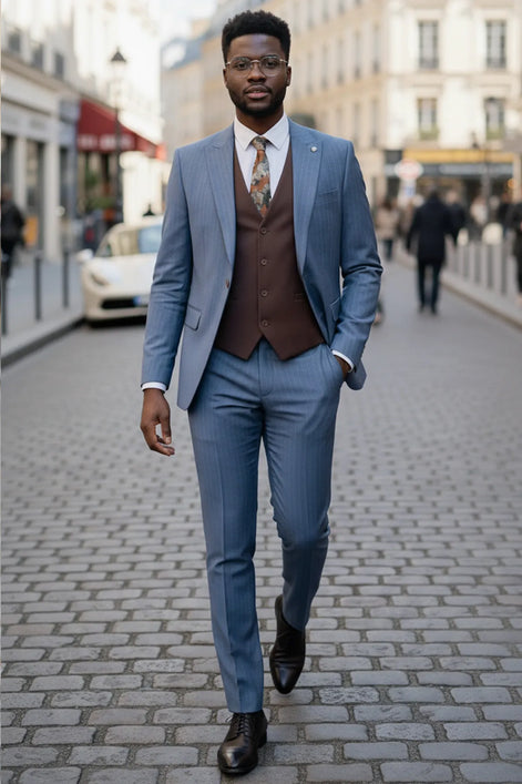 Azure Earth - Steel Blue Pinstripe Coffee Contrast 3-Piece Suit - Nevo Suits