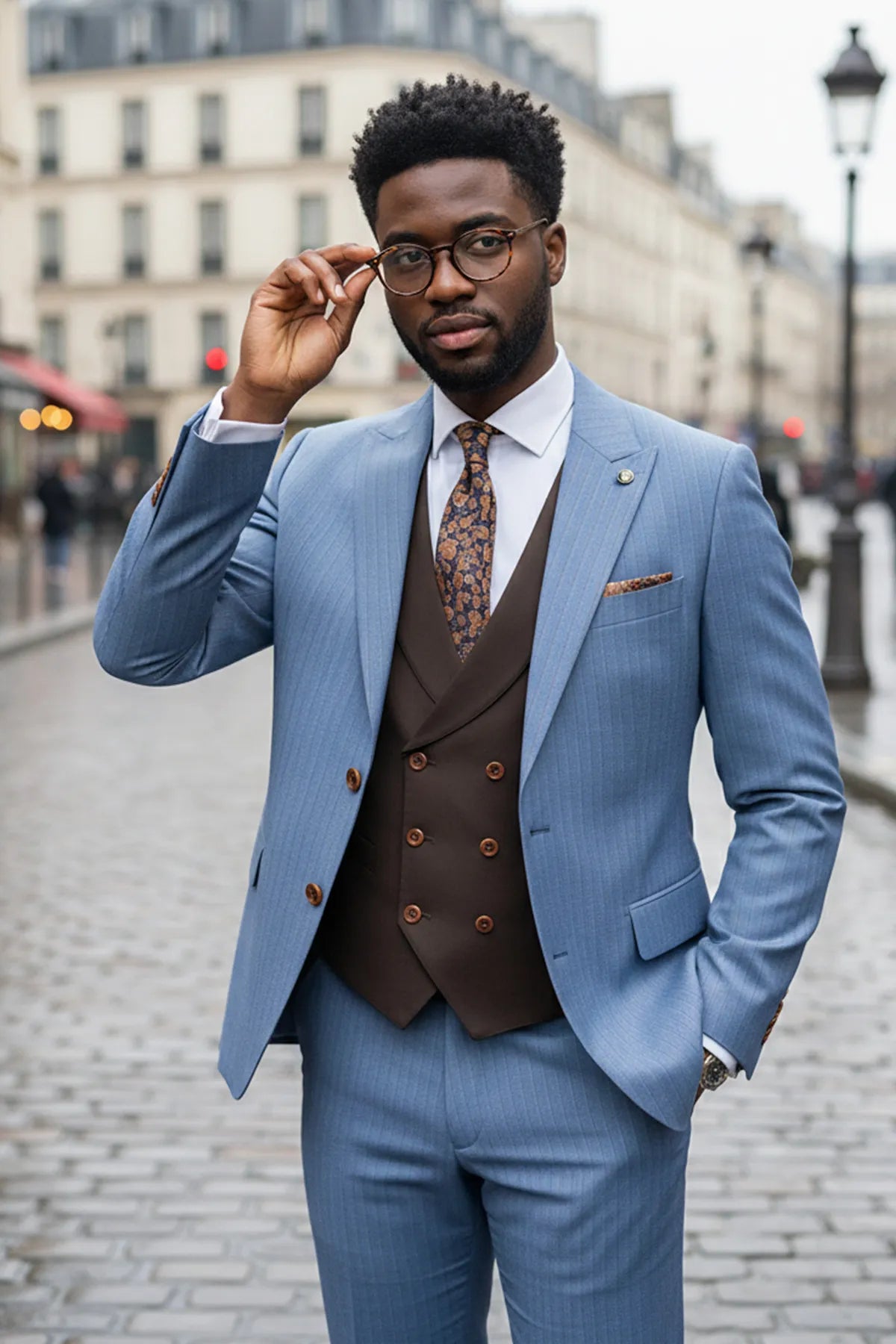 Azure Earth - Steel Blue Pinstripe Coffee Contrast 3-Piece Suit - Nevo Suits