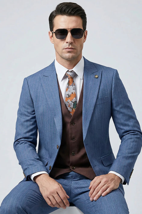 Azure Earth - Steel Blue Pinstripe Coffee Contrast 3-Piece Suit - Nevo Suits