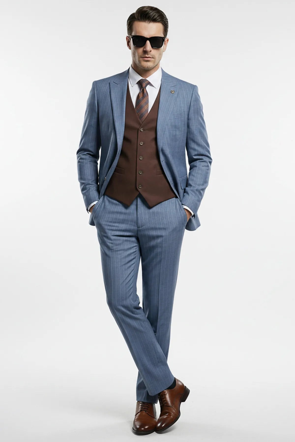 Azure Earth - Steel Blue Pinstripe Coffee Contrast 3-Piece Suit - Nevo Suits