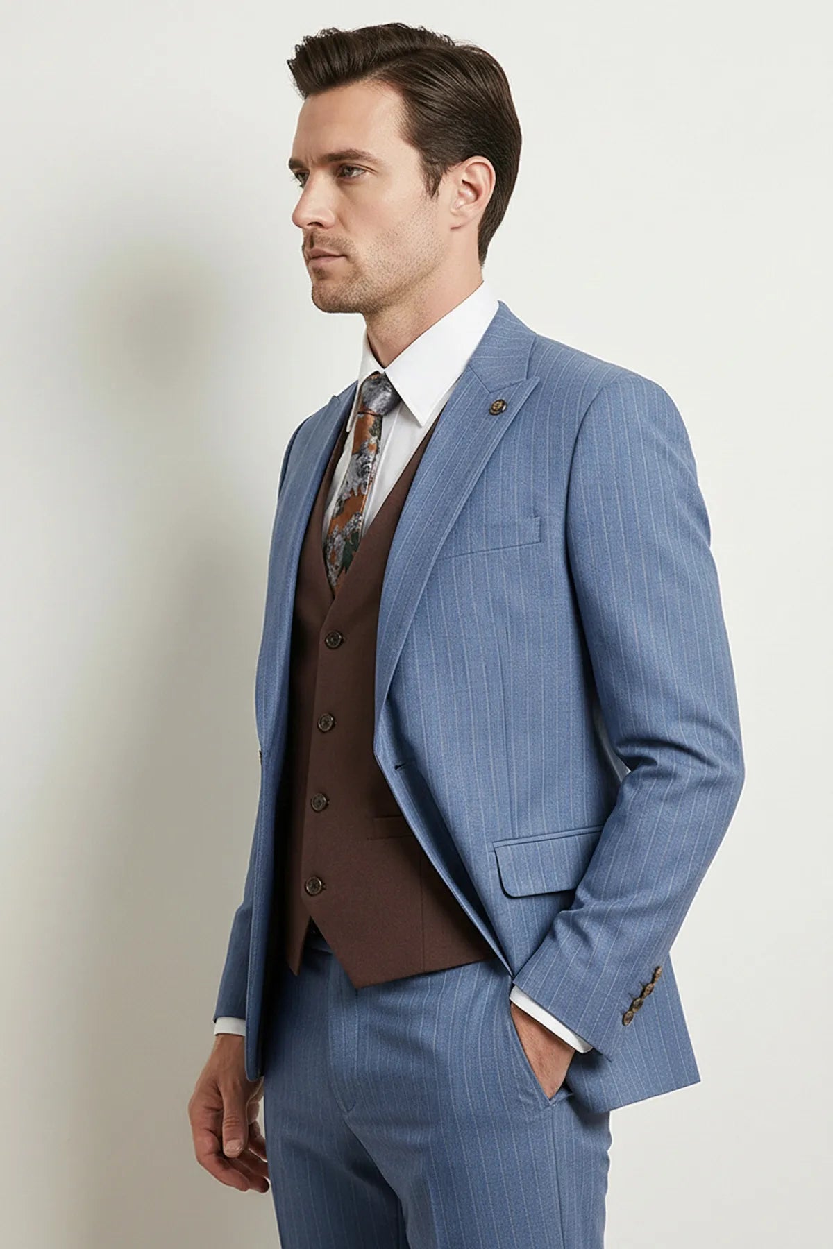 Azure Earth - Steel Blue Pinstripe Coffee Contrast 3-Piece Suit - Nevo Suits