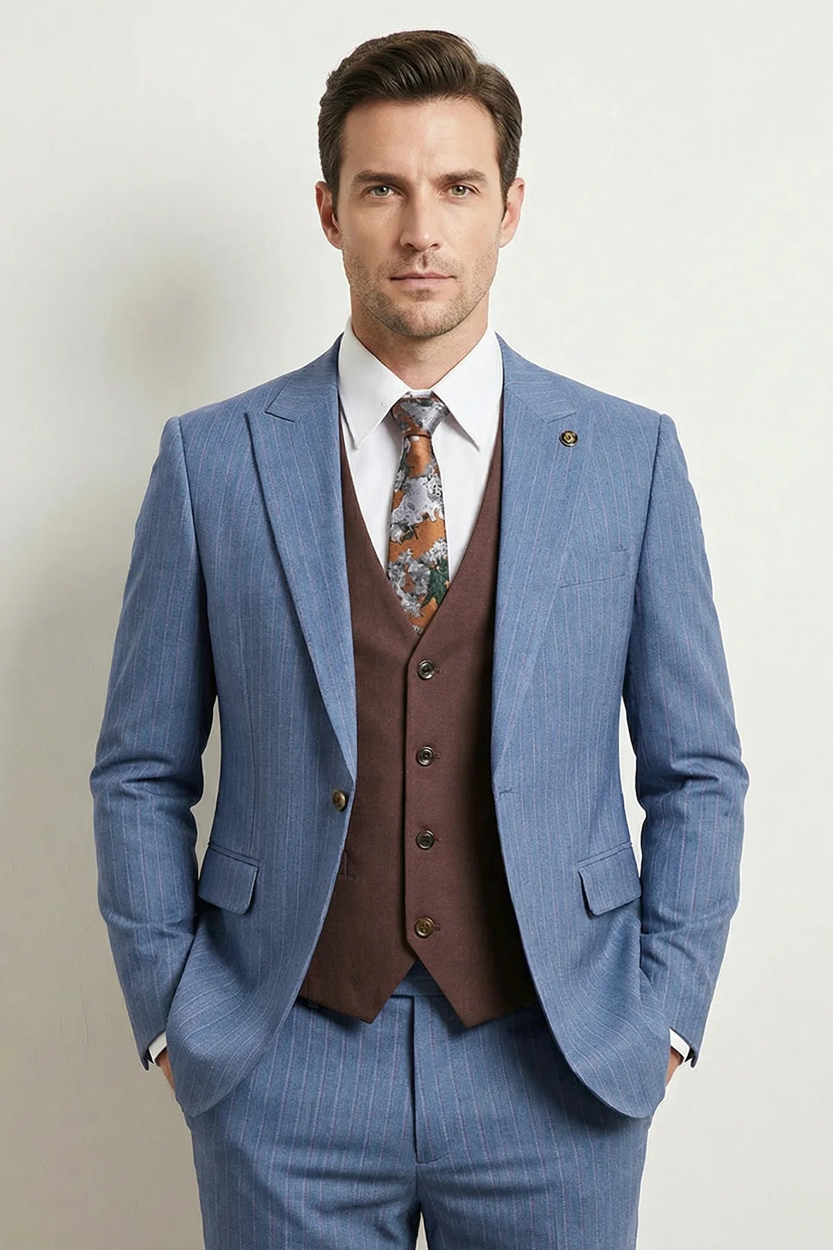 Azure Earth - Steel Blue Pinstripe Coffee Contrast 3-Piece Suit - Nevo Suits