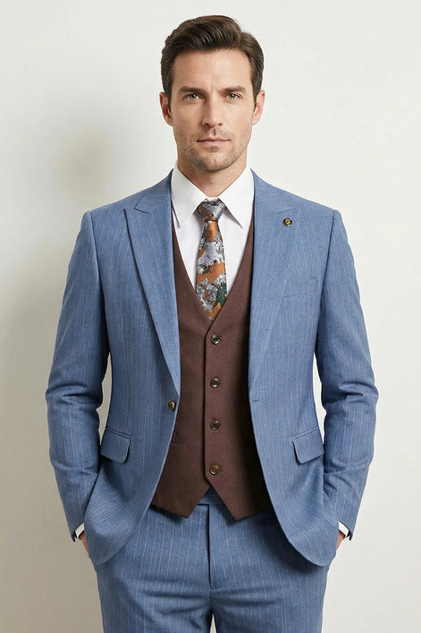 Azure Earth - Steel Blue Pinstripe Coffee Contrast 3-Piece Suit - Nevo Suits