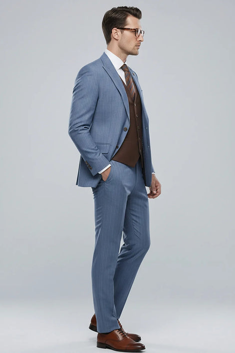 Azure Earth - Steel Blue Pinstripe Coffee Contrast 3-Piece Suit - Nevo Suits