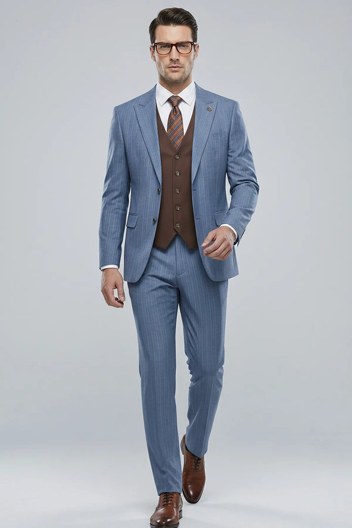 Azure Earth - Steel Blue Pinstripe Coffee Contrast 3-Piece Suit - Nevo Suits