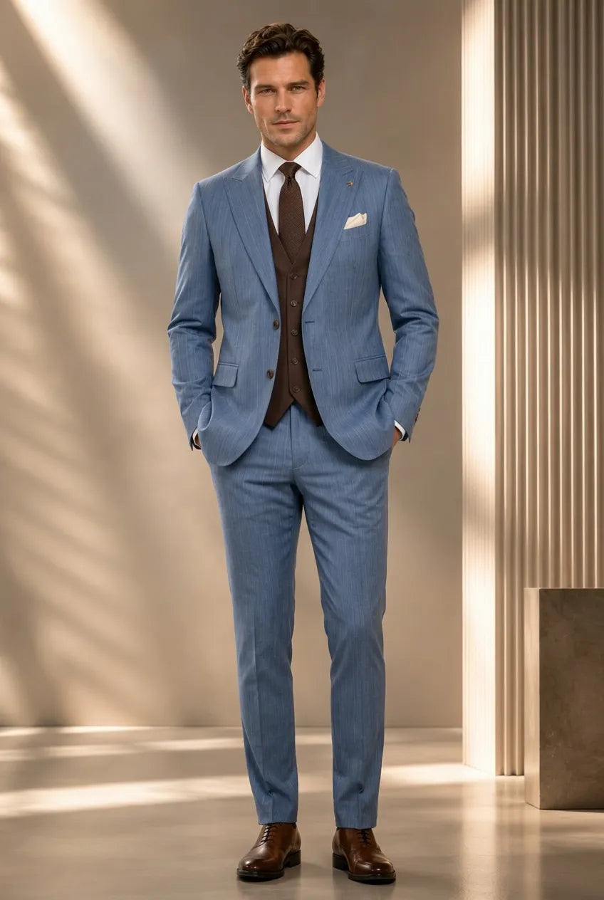 Atlas Envoy - Steel Blue Pinstripe 3-Piece Suit Set