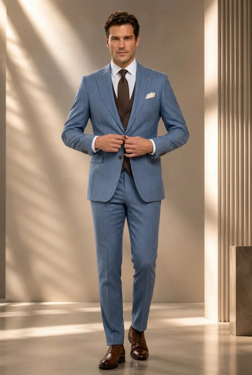 Atlas Envoy - Steel Blue Pinstripe 3-Piece Suit Set