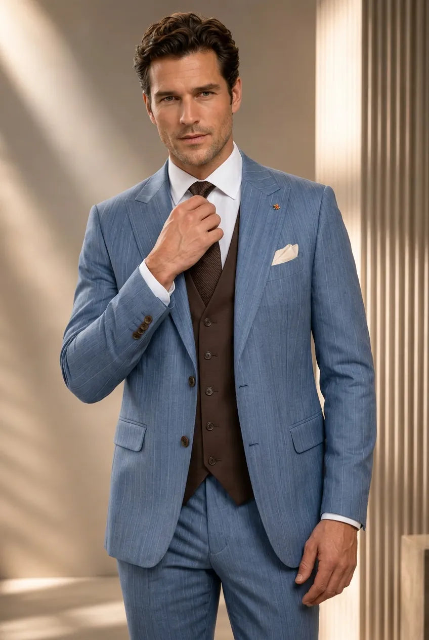 Atlas Envoy - Steel Blue Pinstripe 3-Piece Suit Set
