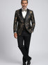Black Gold Floral Jacquard Shawl Tuxedo - model front view - Nevo Suit