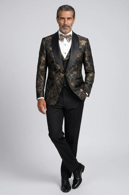 Black Gold Floral Jacquard Shawl Tuxedo - model front view - Nevo Suit