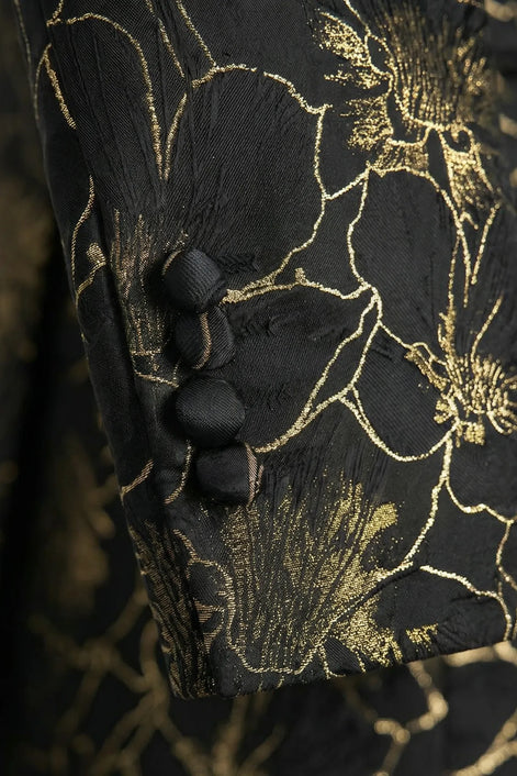 Black Gold Floral Jacquard Shawl Tuxedo - studio view b - Nevo Suit