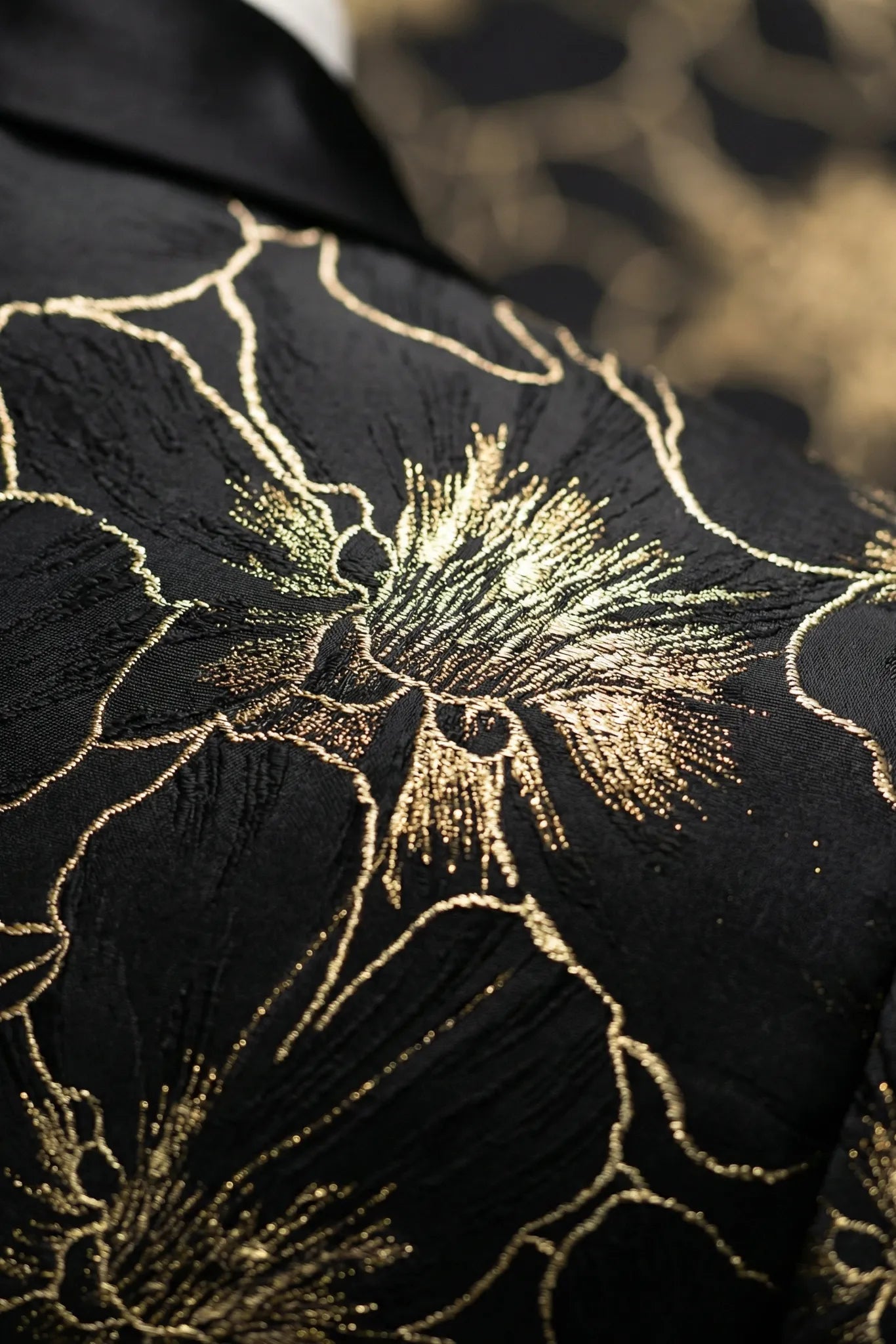 Black Gold Floral Jacquard Shawl Tuxedo - studio view c - Nevo Suit