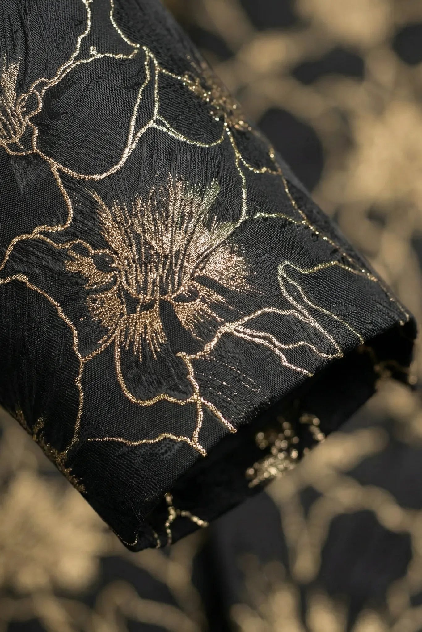 Black Gold Floral Jacquard Shawl Tuxedo - studio view d - Nevo Suit