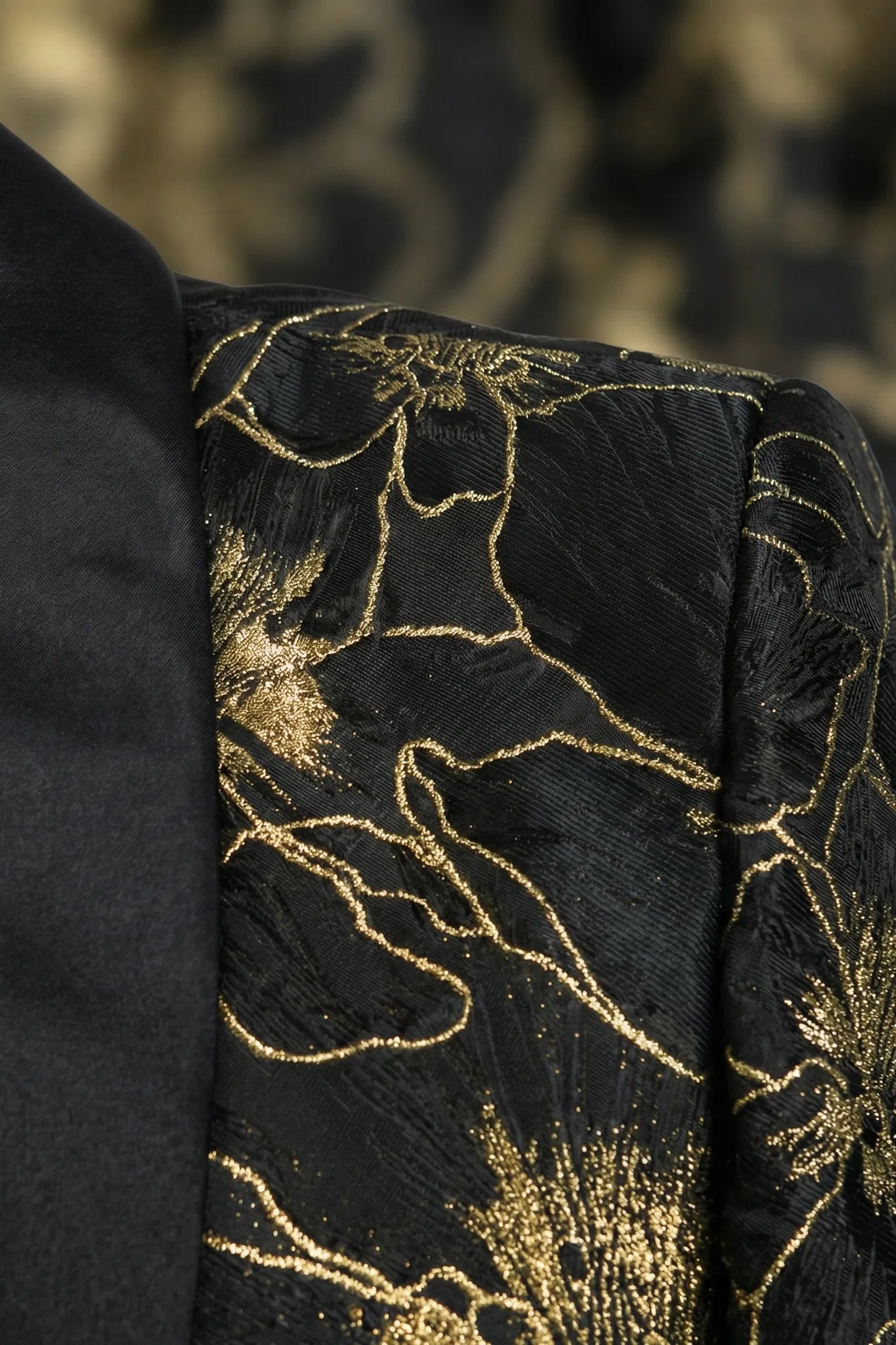Black Gold Floral Jacquard Shawl Tuxedo - studio view e - Nevo Suit