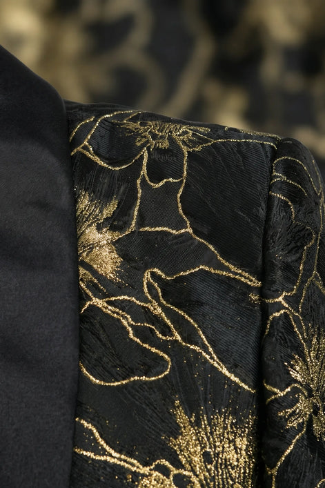 Black Gold Floral Jacquard Shawl Tuxedo - studio view e - Nevo Suit