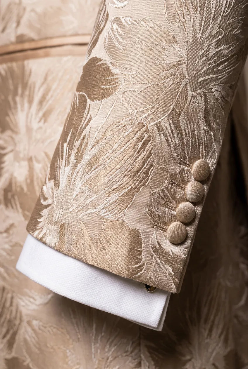 Topaz Symphony Champagne Gold Floral Jacquard 3-Piece Tuxedo - Nevo Suit