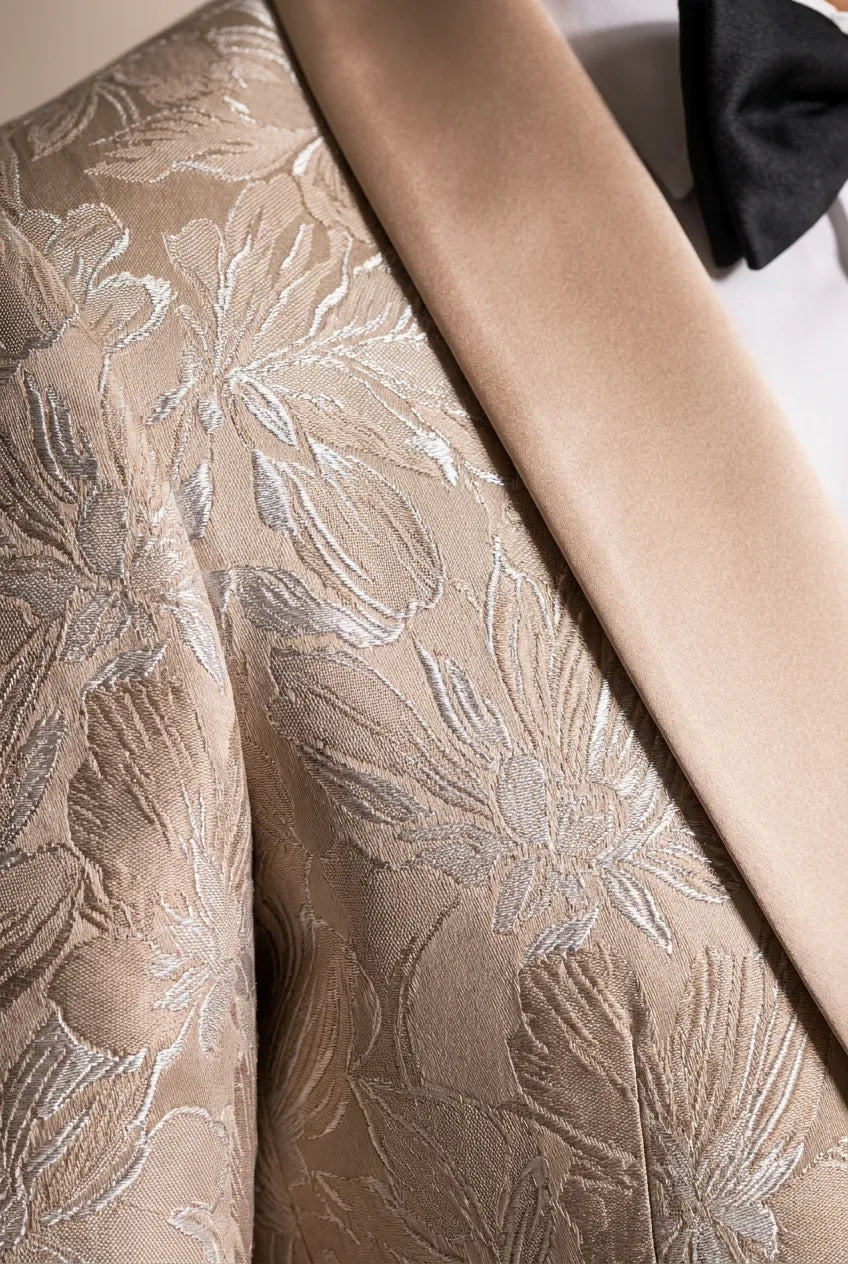 Topaz Symphony Champagne Gold Floral Jacquard 3-Piece Tuxedo - Nevo Suit