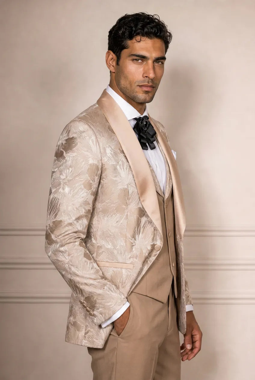 Topaz Symphony Champagne Gold Floral Jacquard 3-Piece Tuxedo - Nevo Suit