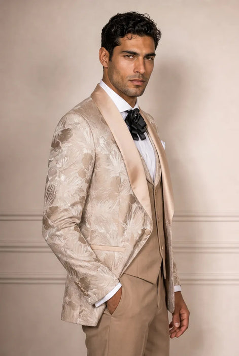 Topaz Symphony Champagne Gold Floral Jacquard 3-Piece Tuxedo - Nevo Suit