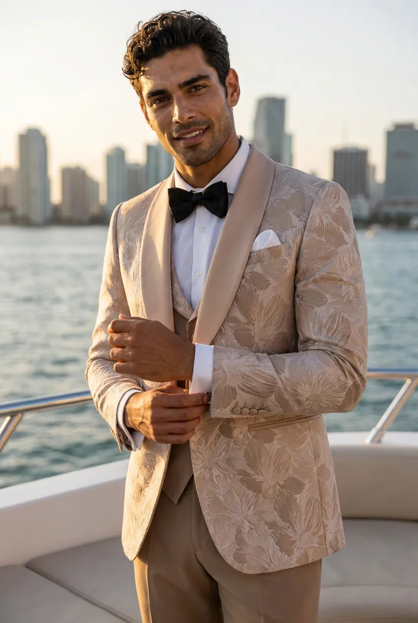 Topaz Symphony Champagne Gold Floral Jacquard 3-Piece Tuxedo - Nevo Suit