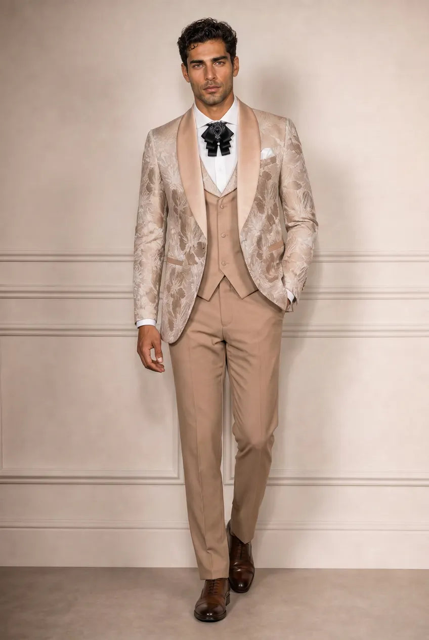 Topaz Symphony Champagne Gold Floral Jacquard 3-Piece Tuxedo - Nevo Suit