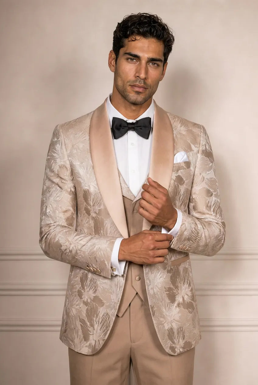 Topaz Symphony Champagne Gold Floral Jacquard 3-Piece Tuxedo - Nevo Suit
