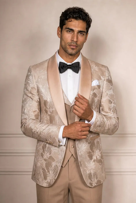 Topaz Symphony Champagne Gold Floral Jacquard 3-Piece Tuxedo - Nevo Suit