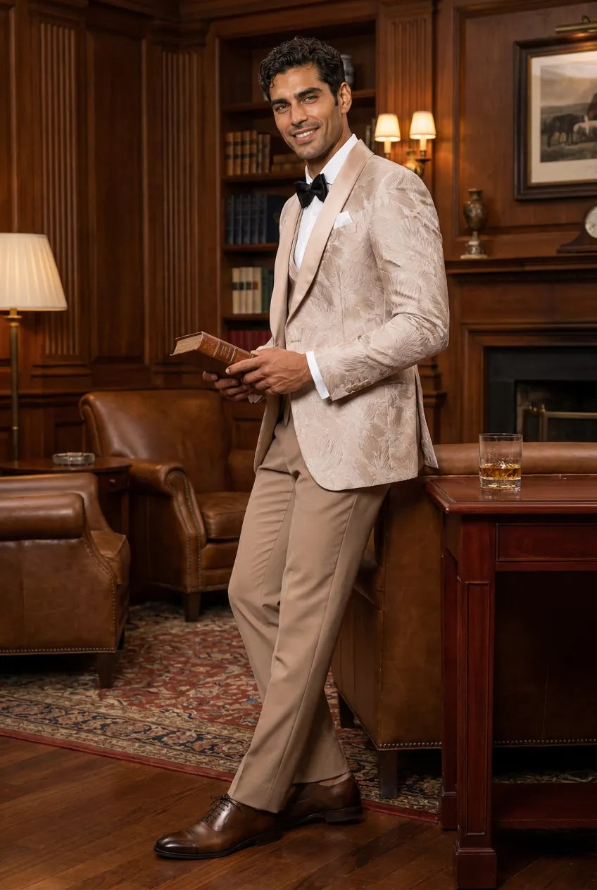 Topaz Symphony Champagne Gold Floral Jacquard 3-Piece Tuxedo - Nevo Suit