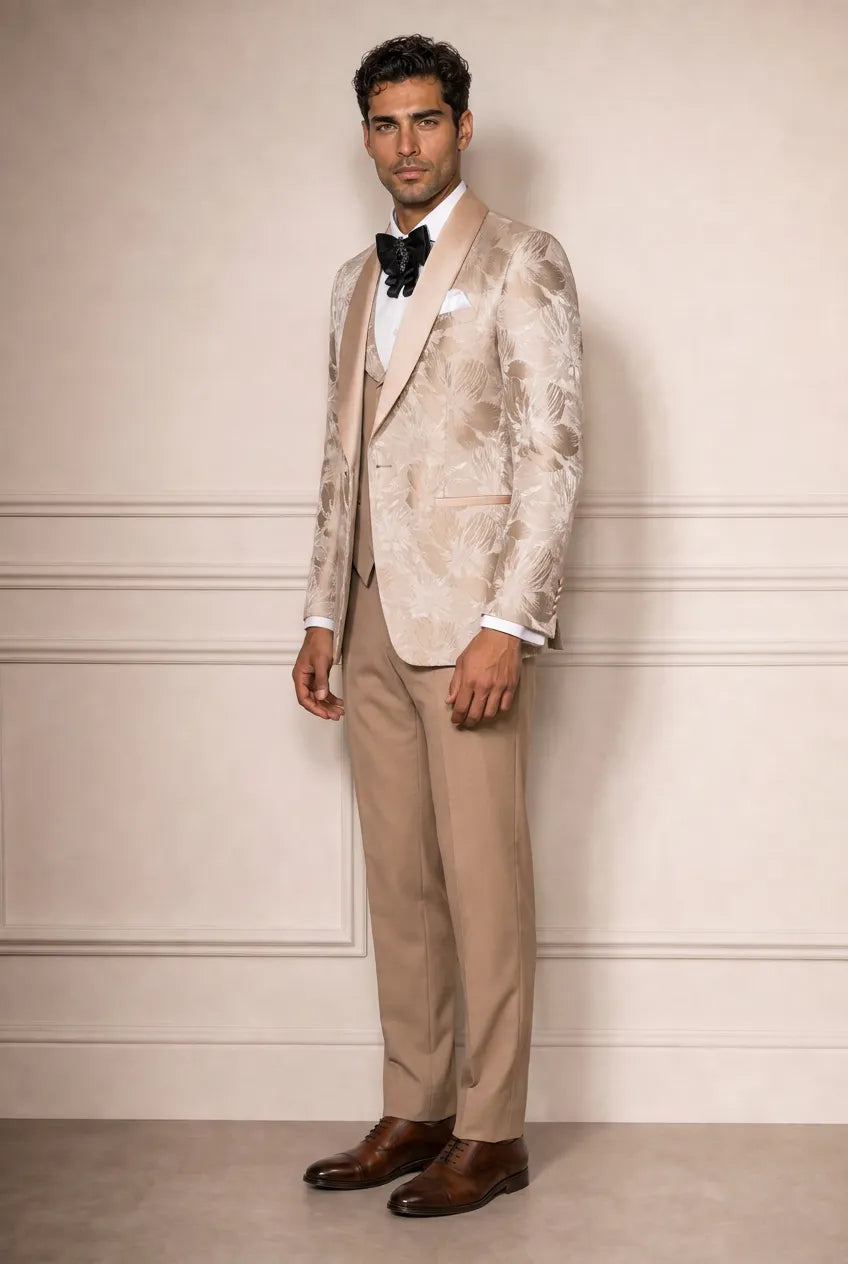 Topaz Symphony Champagne Gold Floral Jacquard 3-Piece Tuxedo - Nevo Suit