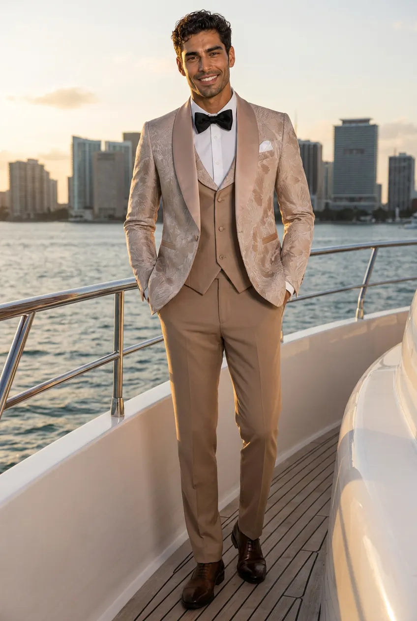 Topaz Symphony Champagne Gold Floral Jacquard 3-Piece Tuxedo - Nevo Suit