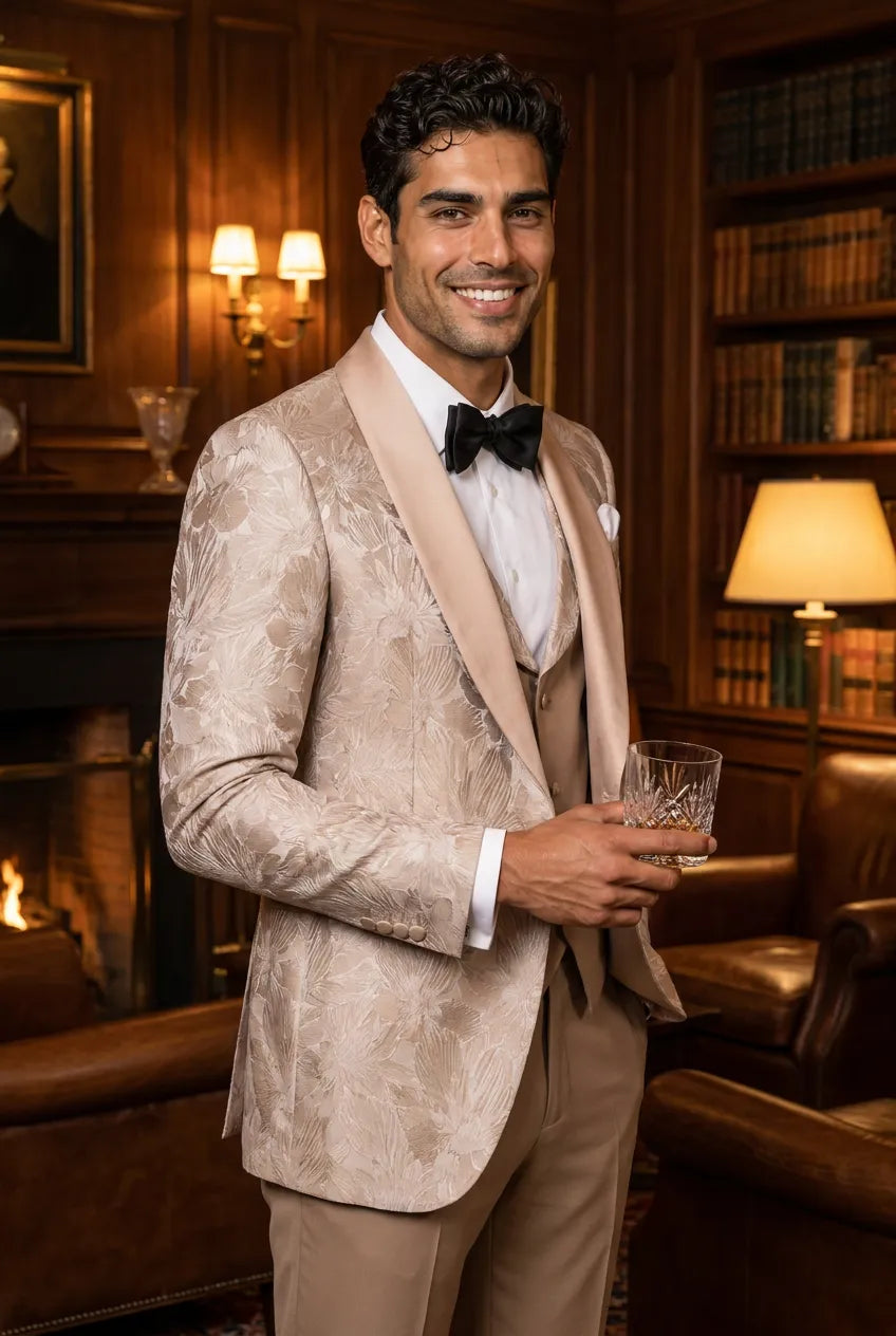 Topaz Symphony Champagne Gold Floral Jacquard 3-Piece Tuxedo - Nevo Suit