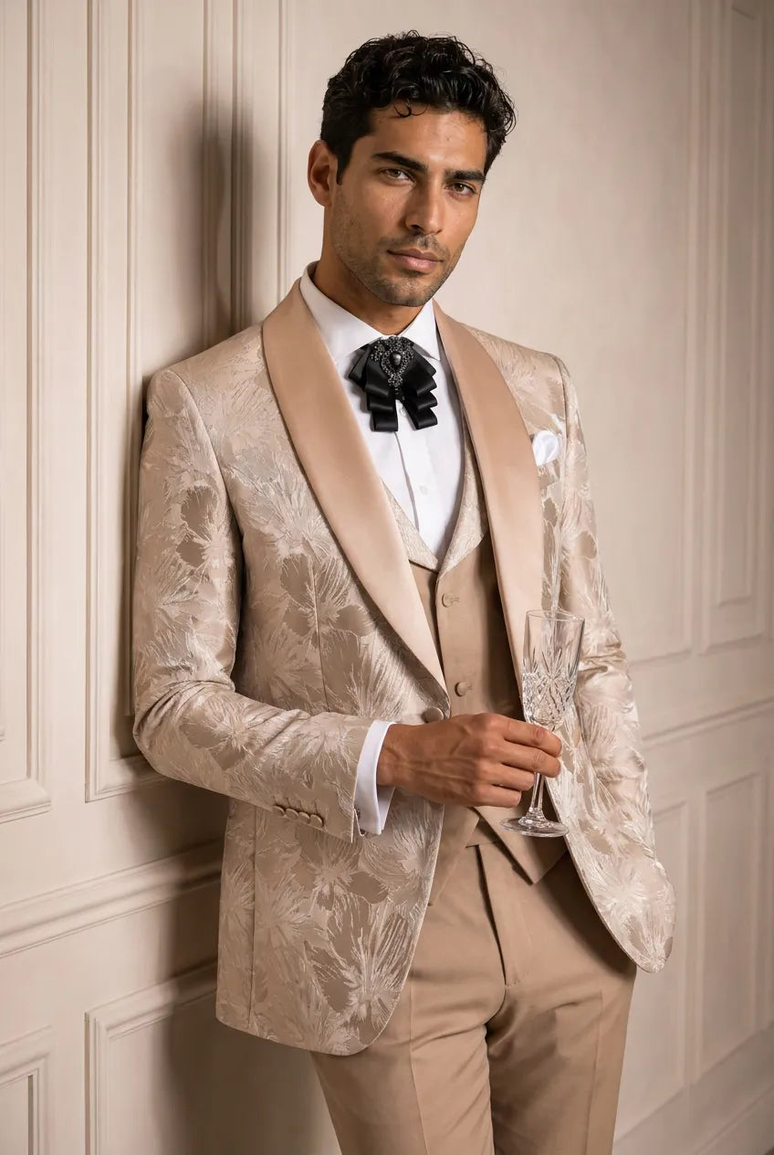 Topaz Symphony Champagne Gold Floral Jacquard 3-Piece Tuxedo - Nevo Suit