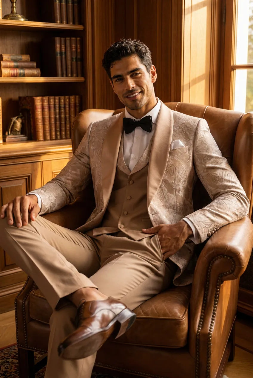 Topaz Symphony Champagne Gold Floral Jacquard 3-Piece Tuxedo - Nevo Suit