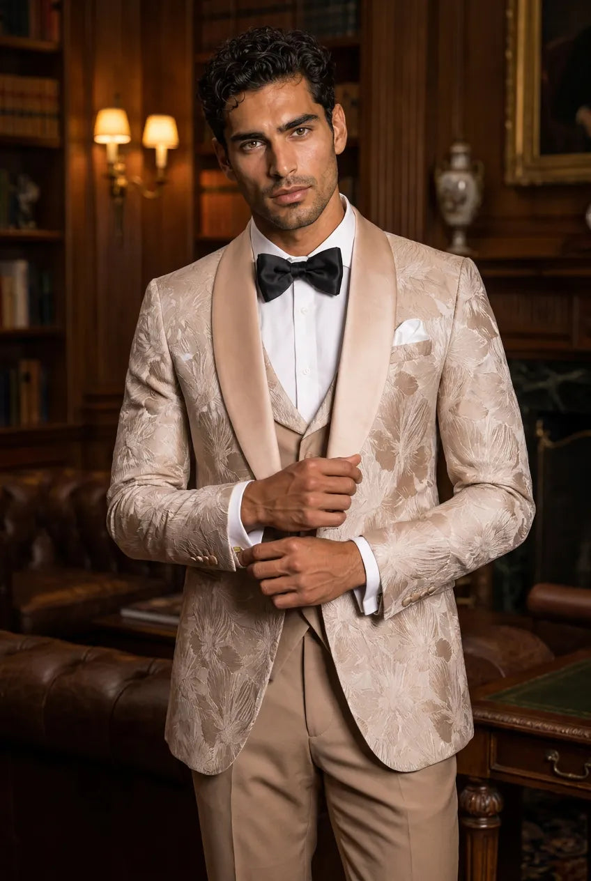 Topaz Symphony Champagne Gold Floral Jacquard 3-Piece Tuxedo - Nevo Suit