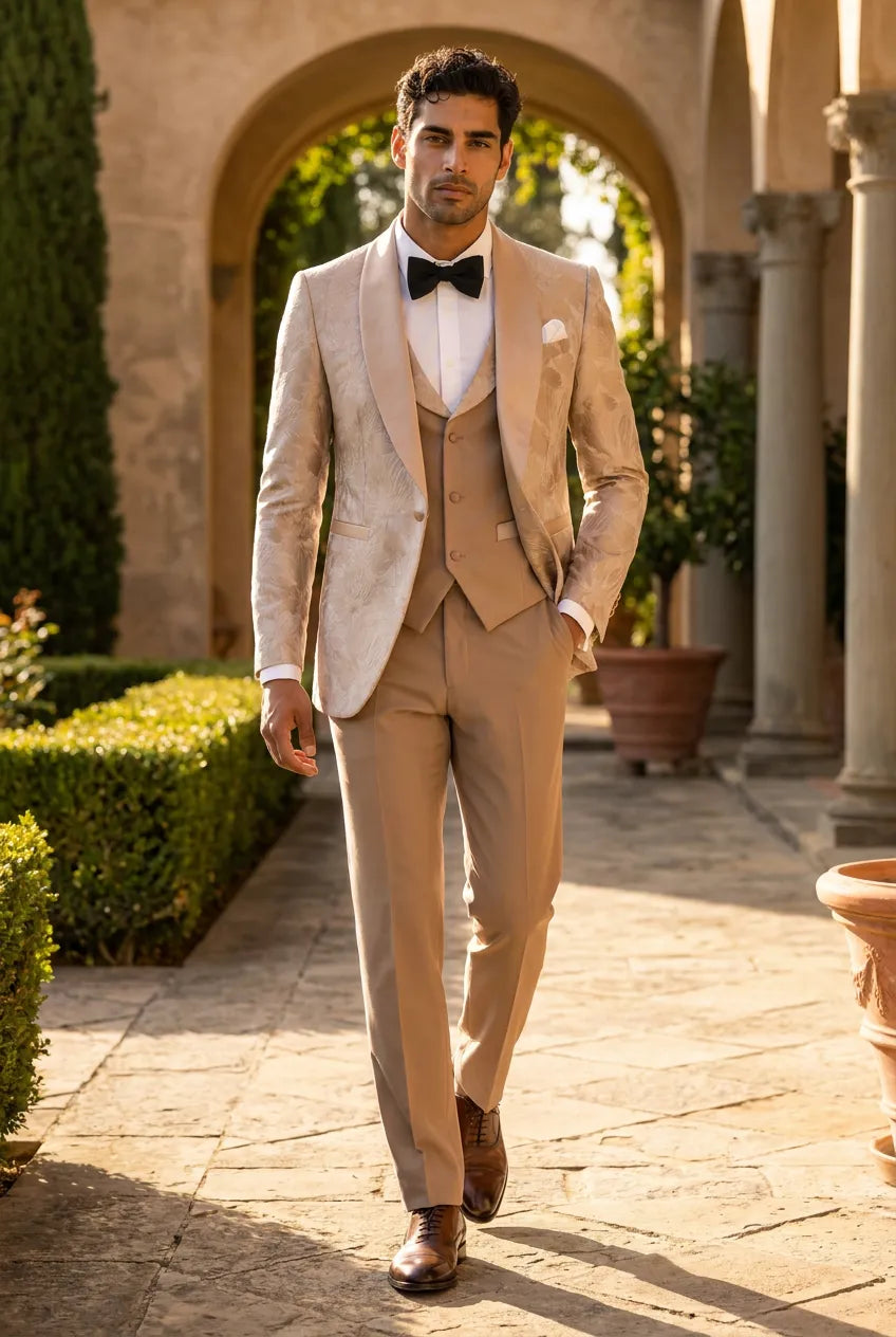 Topaz Symphony Champagne Gold Floral Jacquard 3-Piece Tuxedo - Nevo Suit