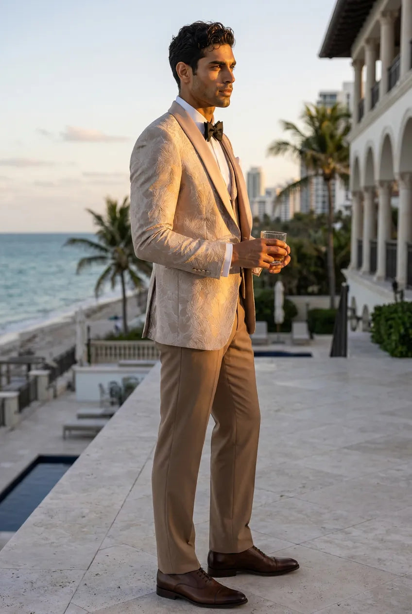 Topaz Symphony Champagne Gold Floral Jacquard 3-Piece Tuxedo - Nevo Suit
