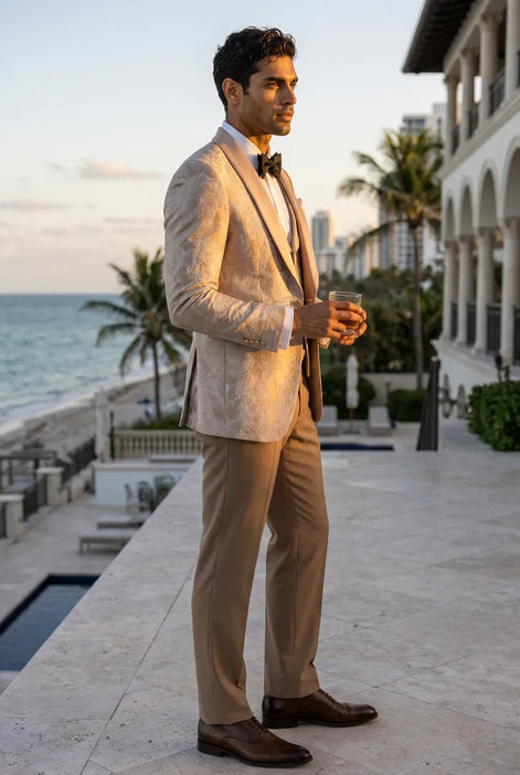 Topaz Symphony Champagne Gold Floral Jacquard 3-Piece Tuxedo - Nevo Suit