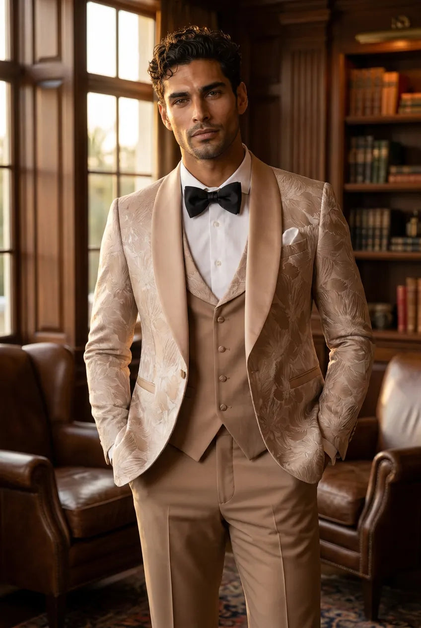 Topaz Symphony Champagne Gold Floral Jacquard 3-Piece Tuxedo - Nevo Suit