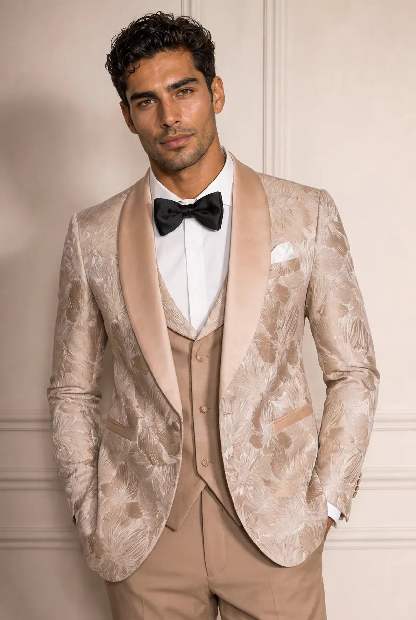 Topaz Symphony Champagne Gold Floral Jacquard 3-Piece Tuxedo - Nevo Suit