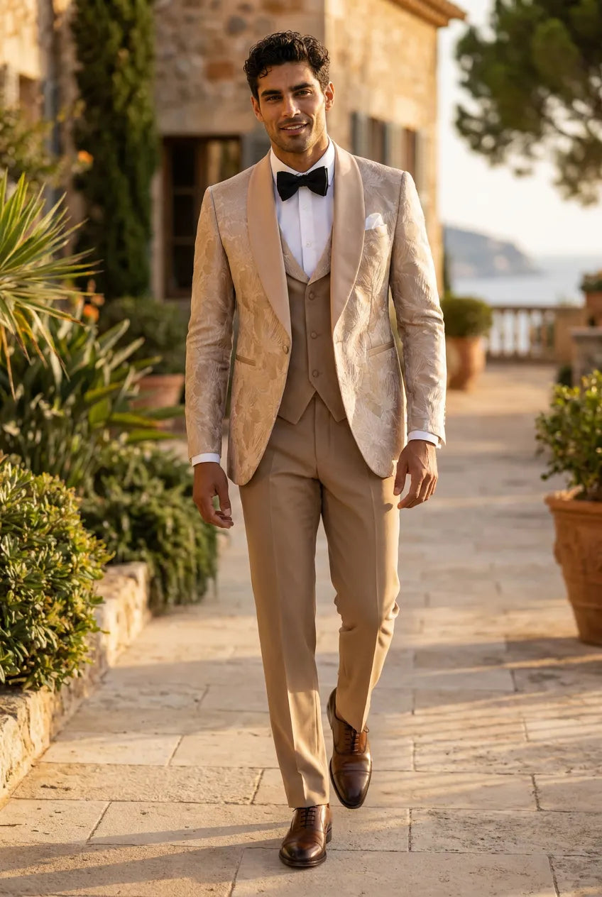 Topaz Symphony Champagne Gold Floral Jacquard 3-Piece Tuxedo - Nevo Suit