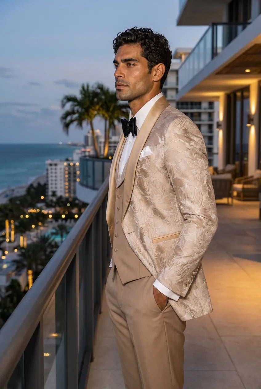 Topaz Symphony Champagne Gold Floral Jacquard 3-Piece Tuxedo - Nevo Suit